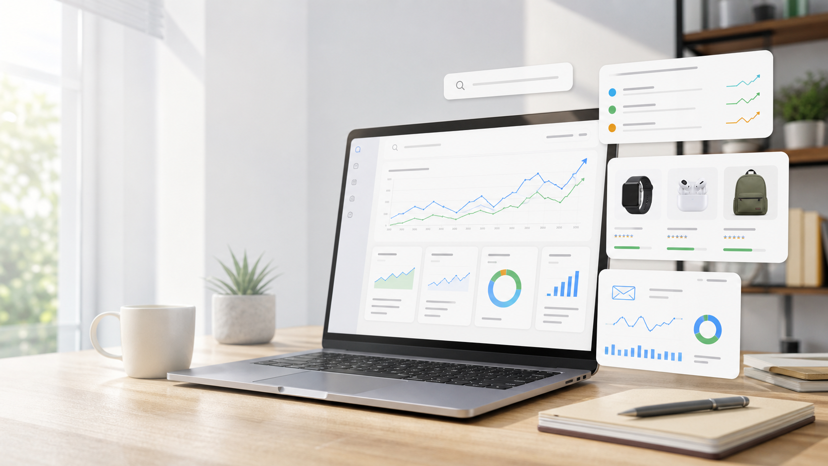 Dashboard di analisi trend e keyword su una scrivania moderna